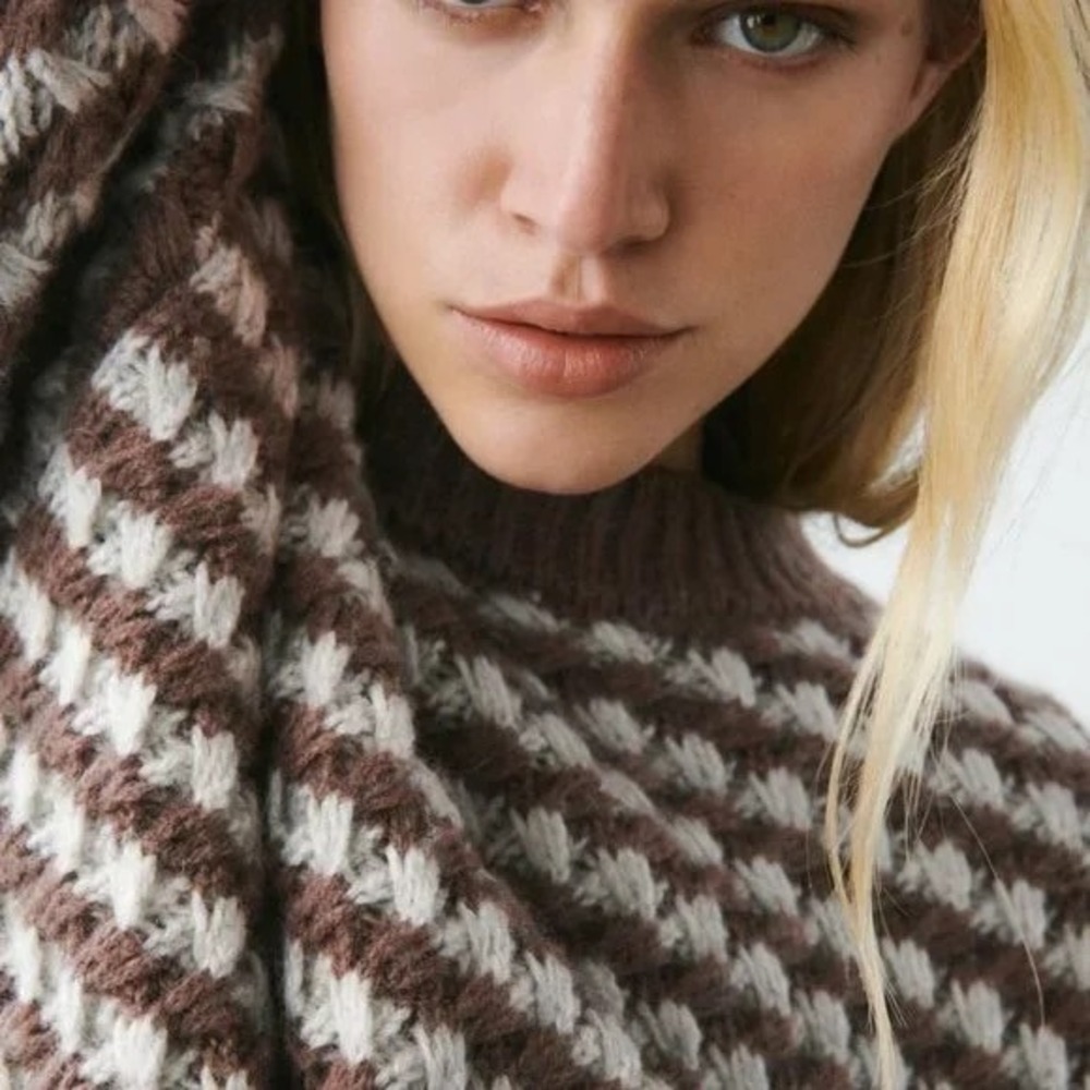 ZARA Wool Chunky Knit Oversized Sweater Brown Grey Stripes Pullover Knit Small - Picture 5 of 16